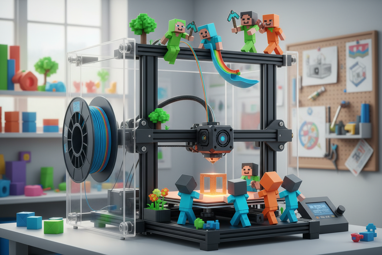 postacie pixelowe minecraft wydrukowana na drukarce 3d, bawią się na drukarce 3d